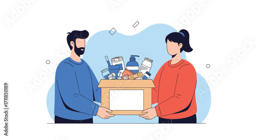 Two people carefully hold a box filled with various items.