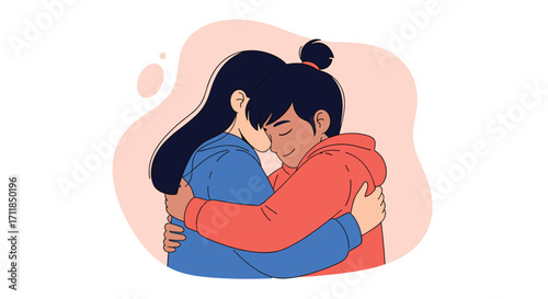 Two people embracing each other with their eyes closed in a warm hug.
