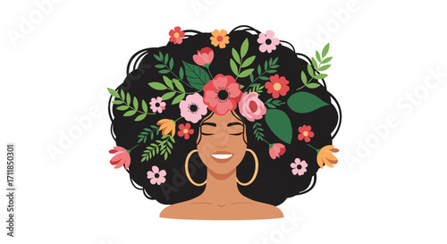 A woman with a crown of flowers and leaves.