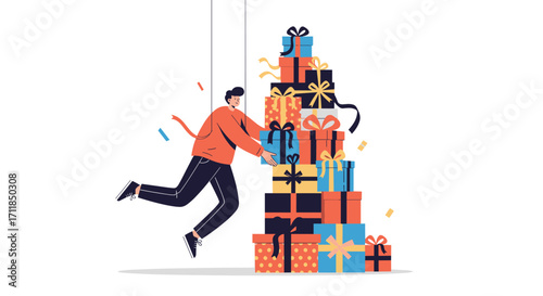 Man clinging to a tall stack of wrapped gift boxes during a celebration.