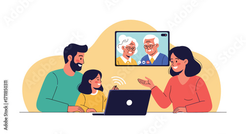 A family uses a laptop to video call their grandparents.