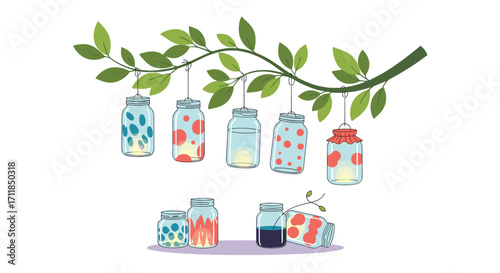 Whimsical glass jars with candles hanging from a leafy branch.