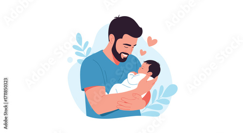 Loving father gently holding his newborn baby with care and affection.