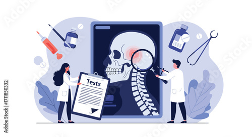 Doctors examine a medical scan of a human skull and spine.