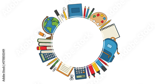 A circular arrangement of various school supplies and stationery items. 