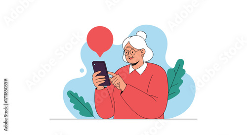Elderly woman happily uses her smartphone for communication and information.