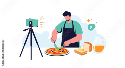 A man is filming himself making pizza while cooking food.