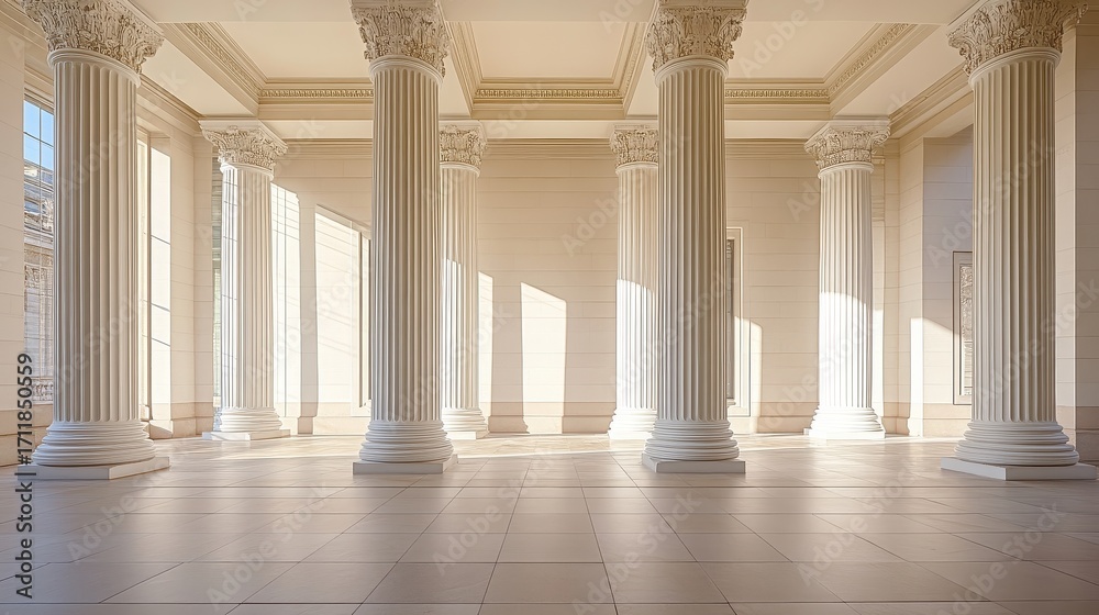 Fototapeta premium A room with columns and a clock on the wall