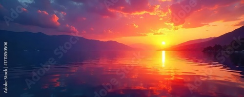 Vibrant sunset hues reflecting on calm water, symbolizing serenity and inner peace Perfect for wellness, mindfulness, and relaxation themes , spiritual, harmony