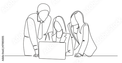 Continuous line art of a team of male and female business people looking at a laptop simultaneously. Vector illustration