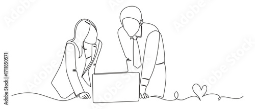 Continuous line art of a business man and woman working in front of a laptop with a heart-shaped line next to it. Vector illustration

