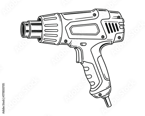 Detailed line art illustration of a hot air gun, showcasing its design and structure.