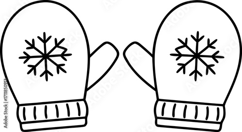 Line Art Mittens with Snowflake Designs Cozy Winter Vector, Winter Mittens Line Art Illustration, Minimal Mittens Outline Drawing, Mittens Vector Design