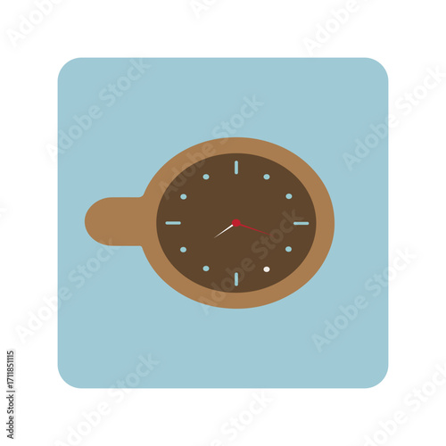 Vector art of a simple, stylized illustration of a clock face with a handle, resembling a coffee cup, set against a light blue background, conveying a sense of time and morning routine