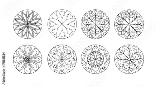 Collection of eight intricate oval floral mandala patterns in silhouette