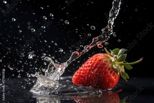 Fresh Strawberry Splashing into Water on Black Background