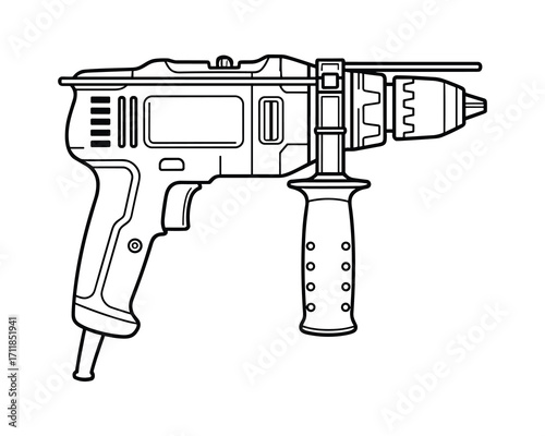 Electric Drill Detailed Line Art Illustration, Black and White Tool Vector, Power Tool