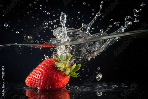 Fresh Strawberry Splashing into Water on Black Background