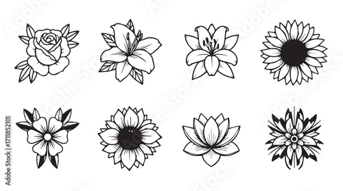 Collection of eight unique floral designs in a distinctive silhouette style