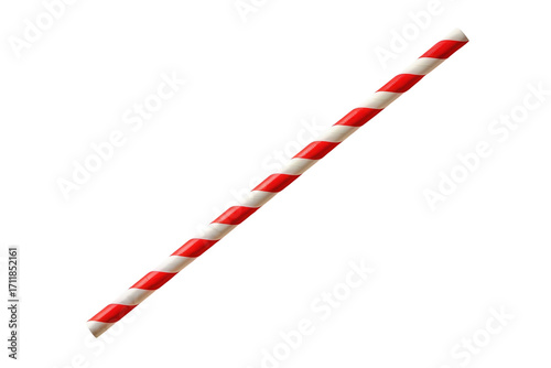Red and white striped paper straw for festive drinks and decorations on transparent background