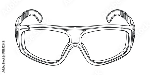 Technical drawing of protective eye glasses on a white background, safety eyewear.
