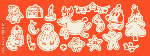 Vector illustration in simple hand drawn style, in trendy playful whimsical quirky style, for Christmas and New Year prints, cards, banners, with funny and friendly mascots and characters