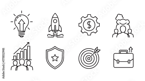 Collection of business growth and success icons in a hand drawn silhouette style