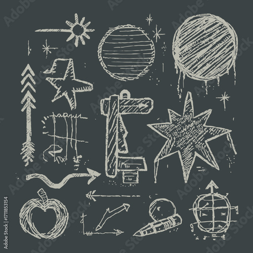 Chalkstyle doodles of celestial objects, signs, and abstract shapes. Suitable for educational materials, social media graphics, or astrologyrelated designs.