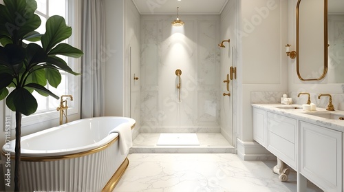 Elegant luxury bathroom with gold fixtures and marble, perfect for serene relaxation and spa vibes