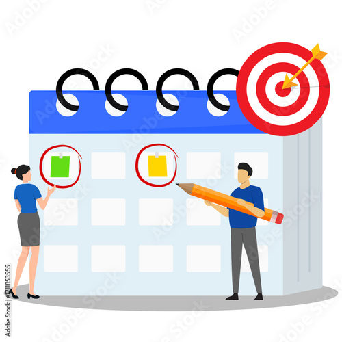Illustration of people planning schedule on calendar with notes, pencil, and bullseye. Concept of time management, deadline job, and project planning.