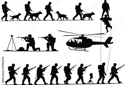 Military soldiers silhouette in action with dogs, guns, helicopters, and tactical gear, combat training operation, army patrol mission, sniper and rescue scenes illustration.