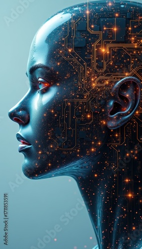 Futuristic portrait of a humanoid figure with glowing circuit patterns, showcasing advanced technology and the concept of artificial intelligence integration
