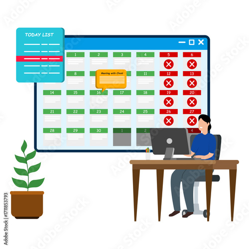 Businesswoman working at desk with big calendar and to-do list, showing meeting reminders, deadlines, daily schedule, task planning, and time management concept for productivity.