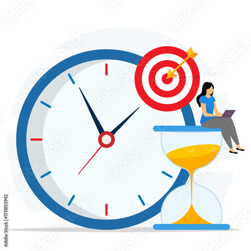 Businesswoman working on laptop and sitting on big hourglass with nearing of bullseye and big clock. Concept of time management and deadline job. 