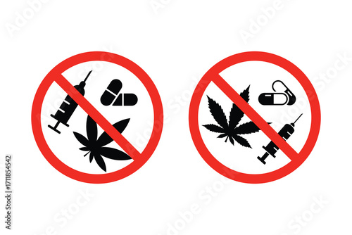 No drugs allowed. No drug signs vector set. Prohibition sign indicating no drugs with syringe, pills, and cannabis leaf in red circle, safety warning symbol