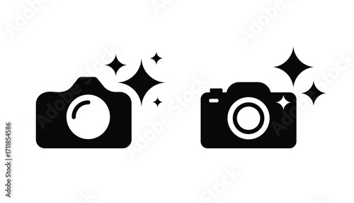 Ai camera icon in high contrast with star symbol. Artificial intelligence camera icons featuring sparkle accents