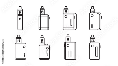 Collection of eight distinct electronic cigarette and vape mod devices silhouette