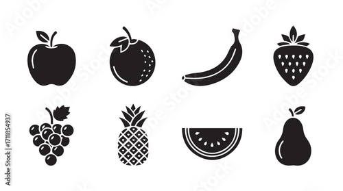 Collection of eight different fruit icons in a black silhouette style