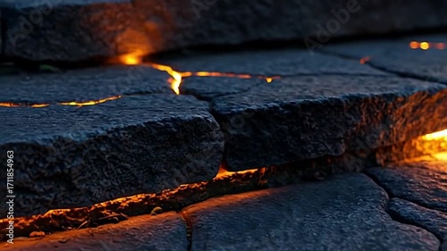 Glowing Lava Flowing Between Cracked Dark Rocks Closeup
