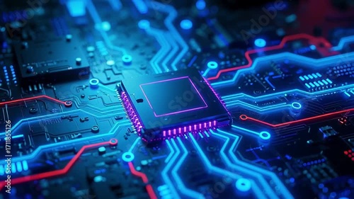 Circuit Board Glowing with Light, Technology Background Abstract Design