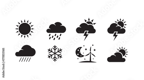 Collection of weather icons in silhouette style representing sun rain snow lightning and wind
