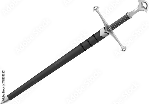 Long black-hilted sword with a silver crossguard, ideal for fantasy branding and product mockups.