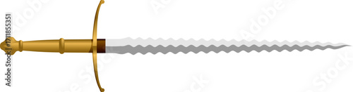 Golden-hilted straight sword with steel blade, photographed as a ceremonial weapon suitable for branding, marketing, or historical content.