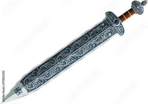 Intricately patterned blade with engraved hilt; suitable for fantasy, medieval, or luxury weapon visuals in marketing materials.
