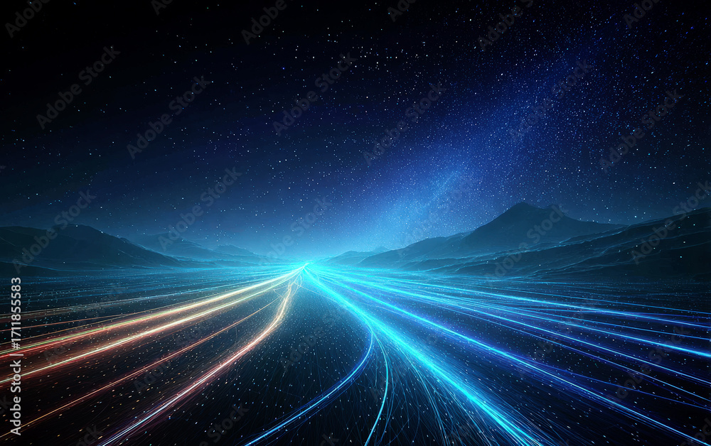 Obraz premium Colorful light trails across a starry night landscape