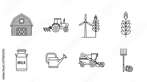 Collection of farm equipment and agricultural elements in a simple line drawing silhouette style