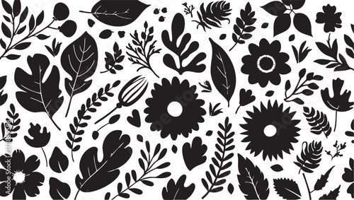 Black and white floral vector: seamless pattern with flowers, leaves, and branches eps silhouette