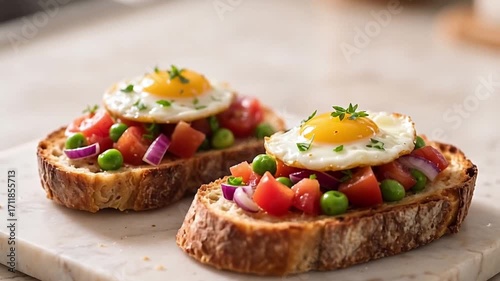 Preparing Bruschetta Topped with Egg and Vegetables Closeup