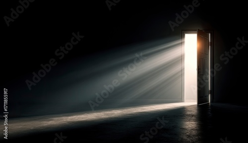 Open door light rays dark room mystery