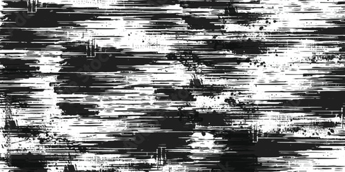 Abstract monochrome textured background with horizontal streaks and splatters isolated on white background